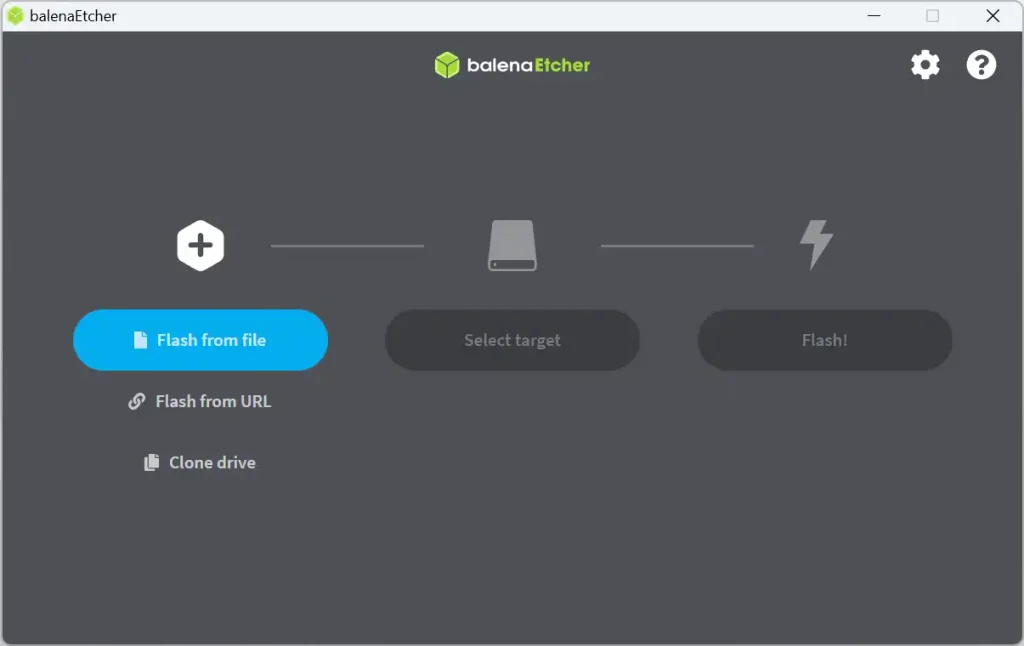 The settings screen for balenaEtcher app, featuring various customization options for users. Flash from file selected.