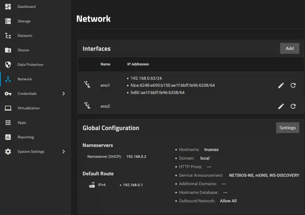 TrueNAS SCALE's network configuration interface displaying network interfaces with IP addresses and global settings including nameservers and default route.