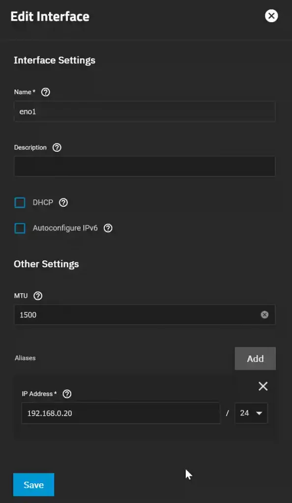 Edit Interface window in TrueNAS SCALE with filled-in interface name 'eno1', DHCP and IPv6 autoconfigure options, MTU setting, and an IP alias configured.