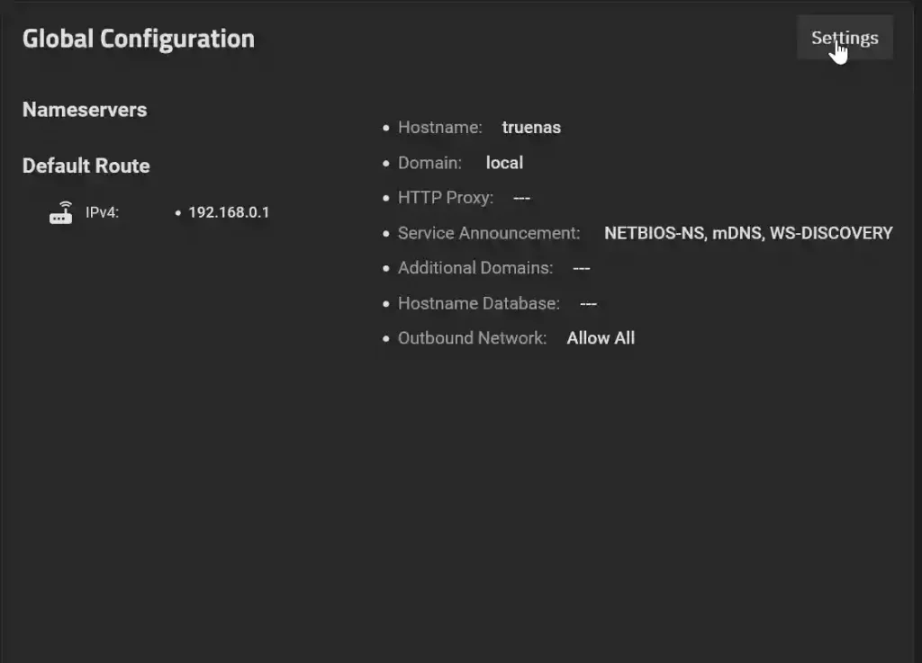 Global Configuration section in TrueNAS SCALE with settings for nameservers, default route, hostname, domain, and service announcement options.