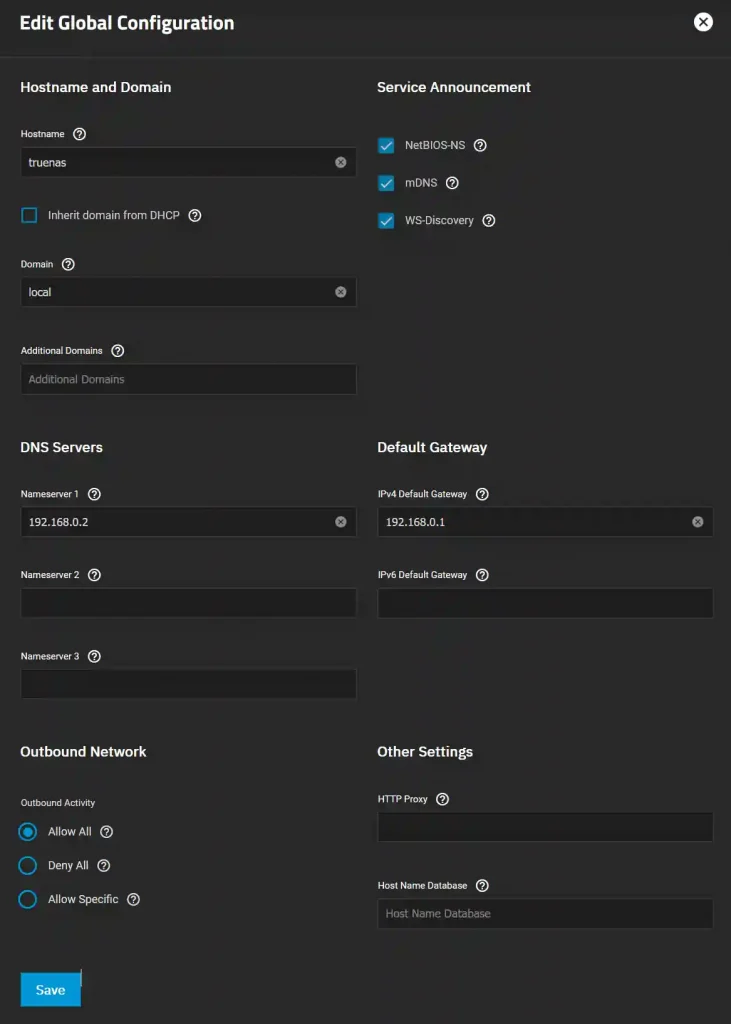 Editing form for TrueNAS SCALE's global configuration with fields for hostname, domain, DNS servers, default gateway, and service announcement settings