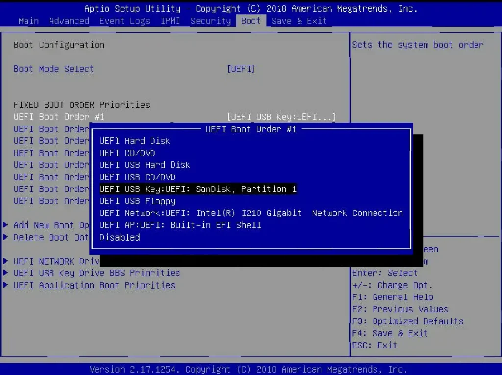 BIOS setup utility screen displaying UEFI boot order options, including hard disk, CD/DVD, and USB devices.