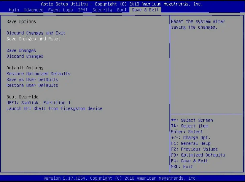 UEFI BIOS setup utility screen by American Megatrends showing options for saving changes, restoring defaults, and a boot override for a SanDisk partition.