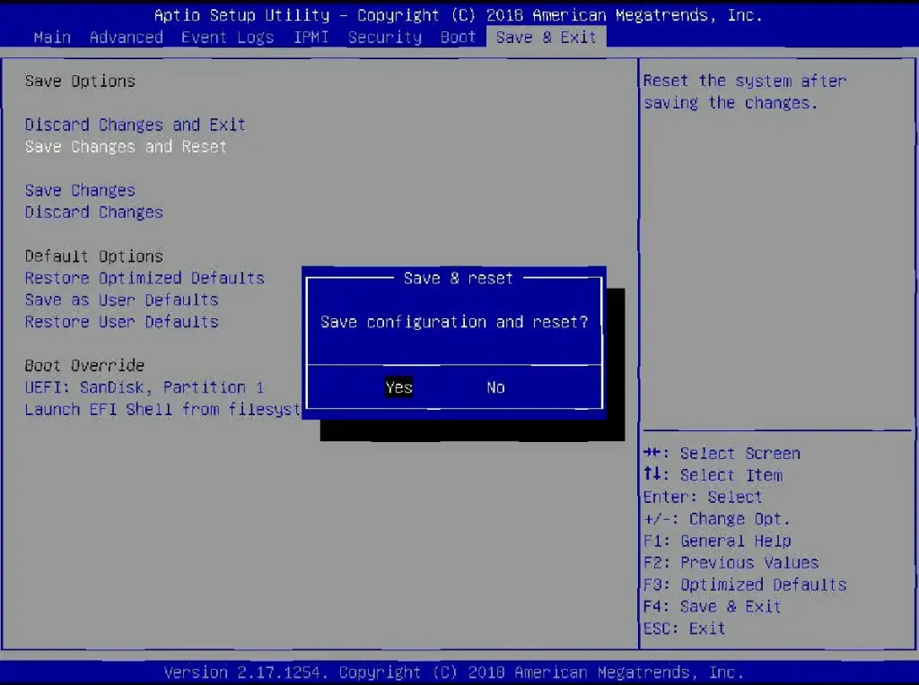 Confirmation dialog box on American Megatrends UEFI BIOS screen asking to save configuration and reset with options 'Yes' selected.