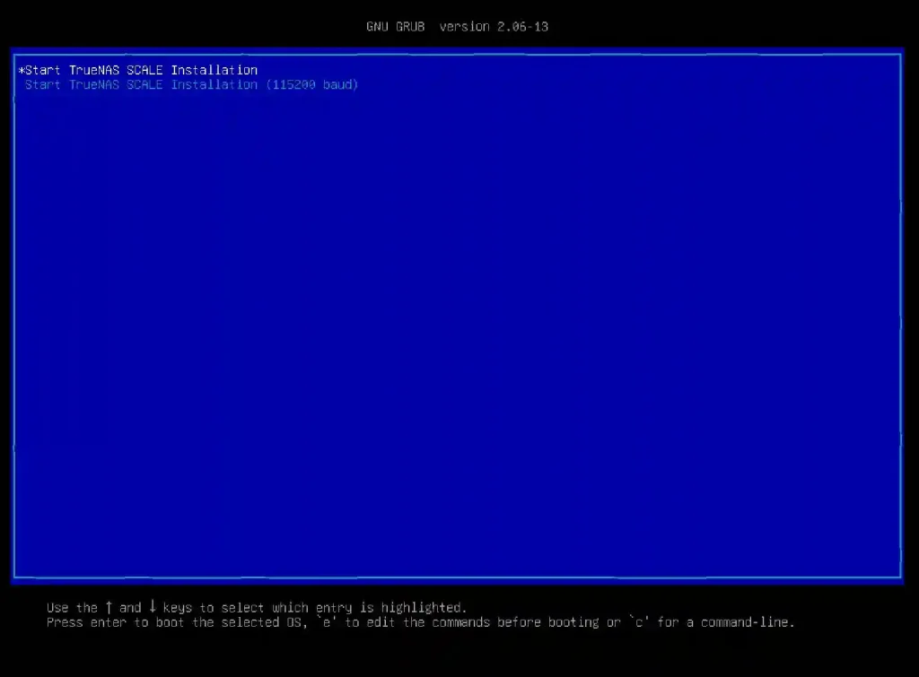 GRUB bootloader screen with the option to start TrueNAS SCALE Installation highlighted.