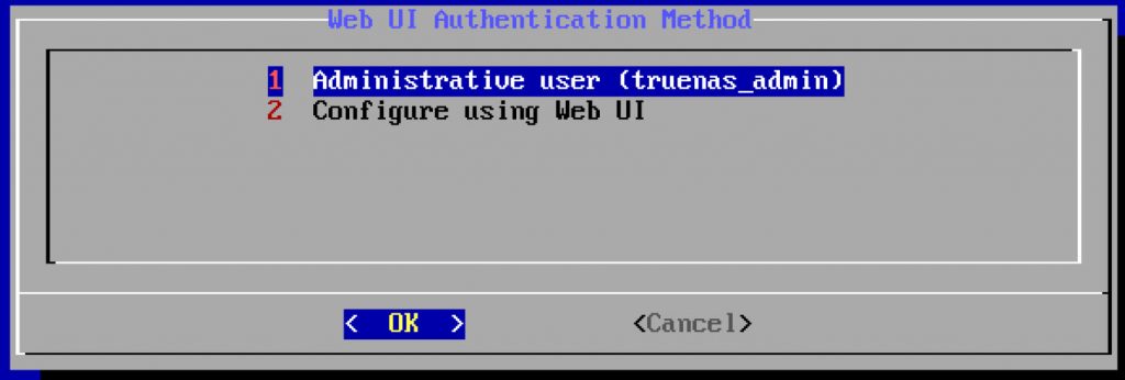 TrueNAS SCALE installer Web UI Authentication Method prompt with 'Administrative user (truenas_admin)' highlighted