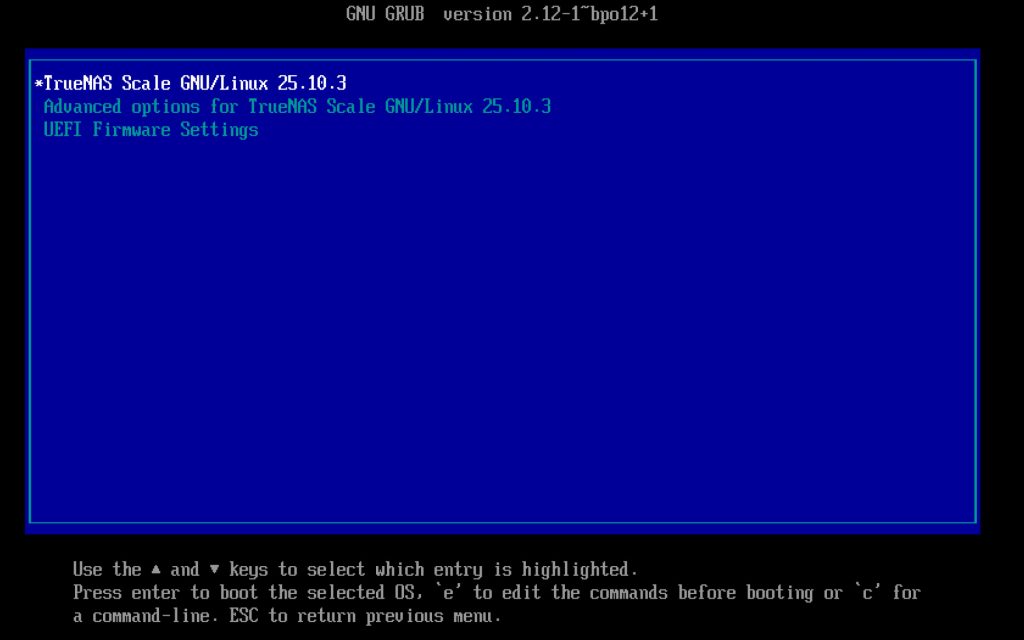 GRUB boot menu displaying TrueNAS SCALE as the selected boot option after system installation