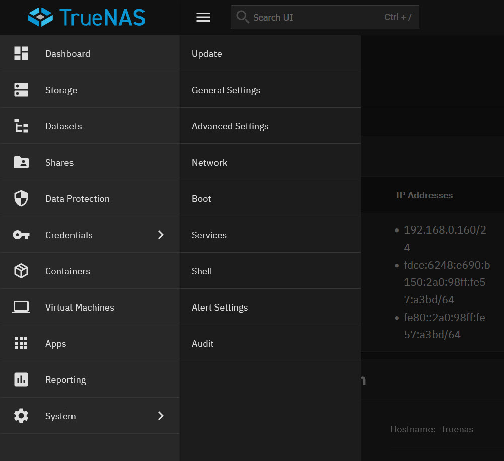 TrueNAS SCALE Network page listing available network interfaces and global configuration options