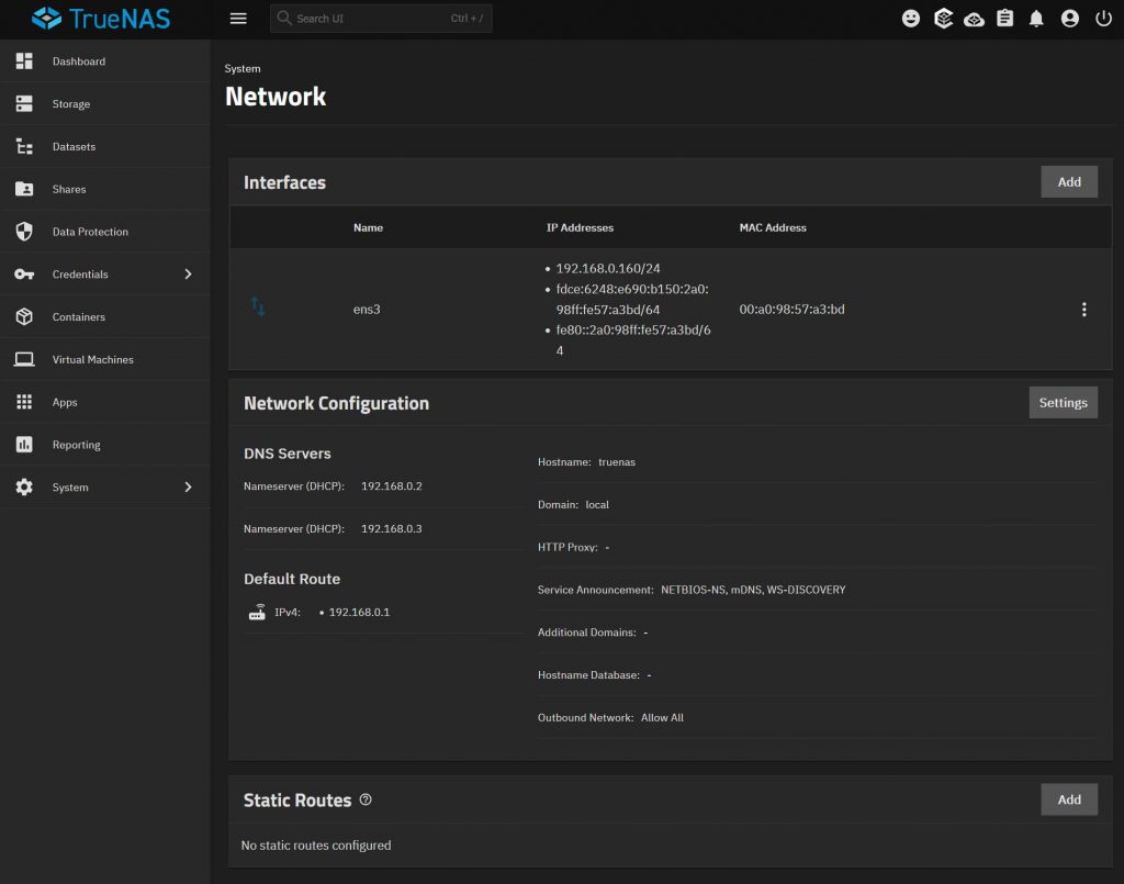 TrueNAS SCALE network configuration panel showing interface details including IPv4 address, IPv6 addresses, nameservers, and default route
