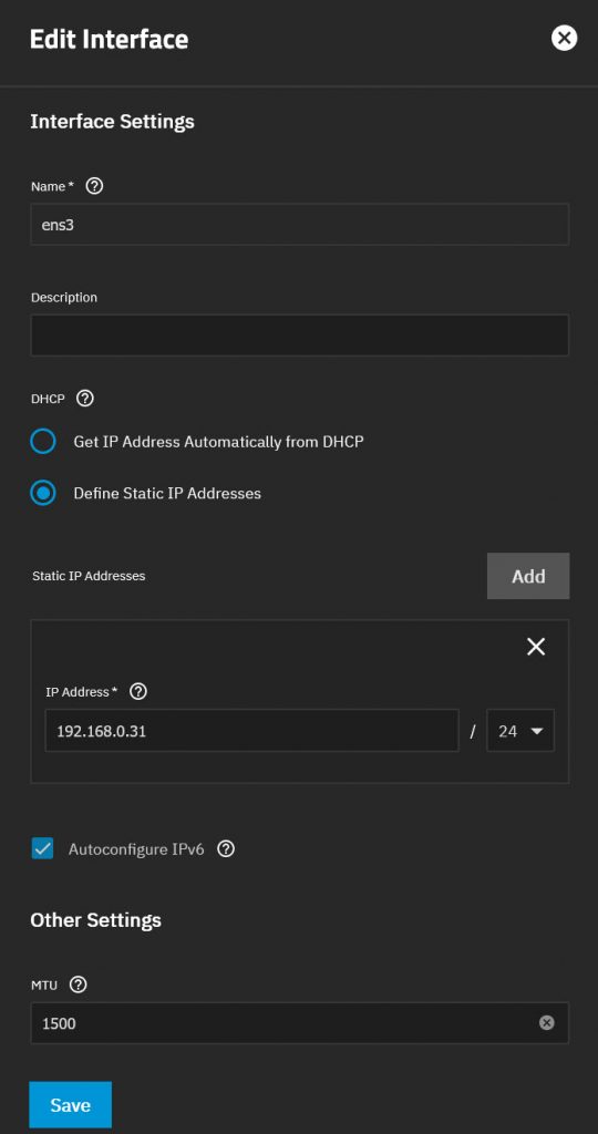 TrueNAS SCALE network interface edit form showing a static IP address being configured with CIDR notation