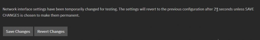 TrueNAS SCALE Network settings page with the Save Changes button highlighted to permanently apply the new network configuration