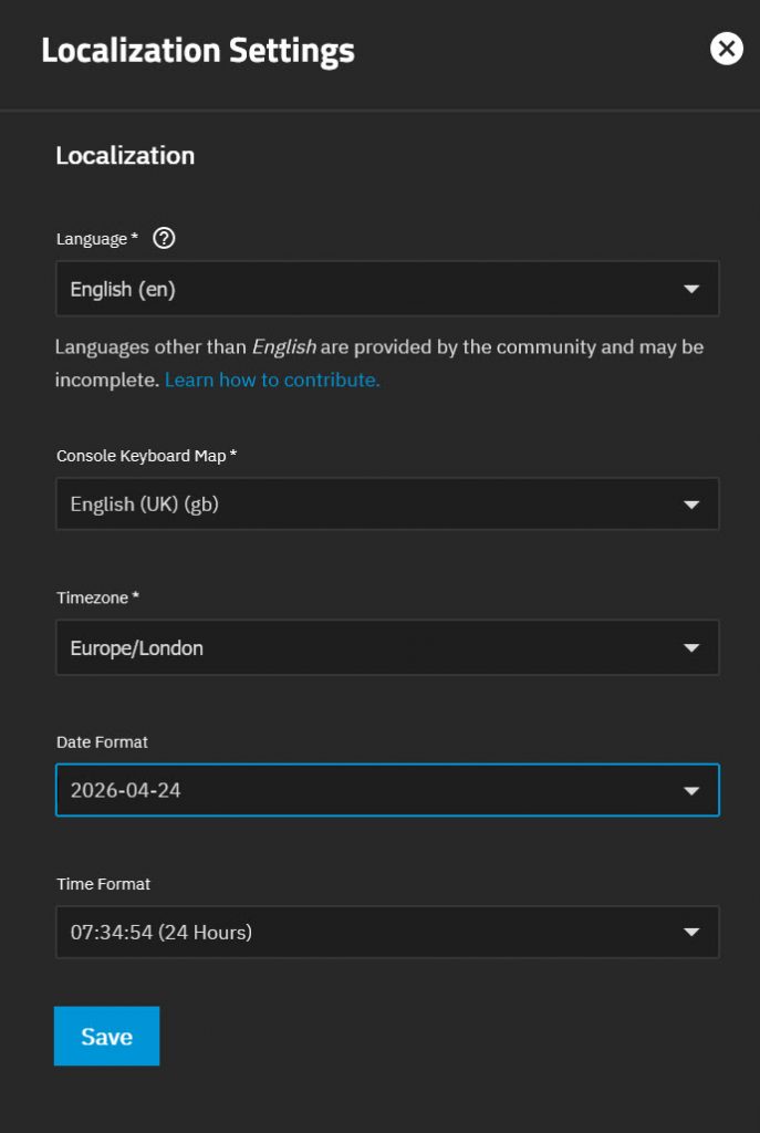 TrueNAS SCALE System General Settings page showing localisation options including language, console keyboard map, timezone, and date format