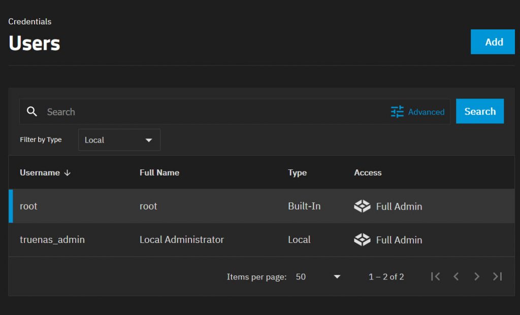 TrueNAS SCALE Credentials > Users page listing the root and truenas_admin local user accounts