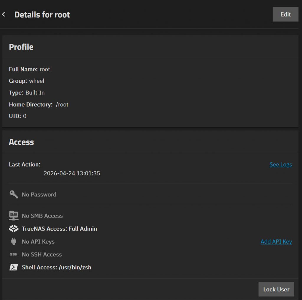 TrueNAS SCALE root user details panel showing profile information, access settings, and the Edit button