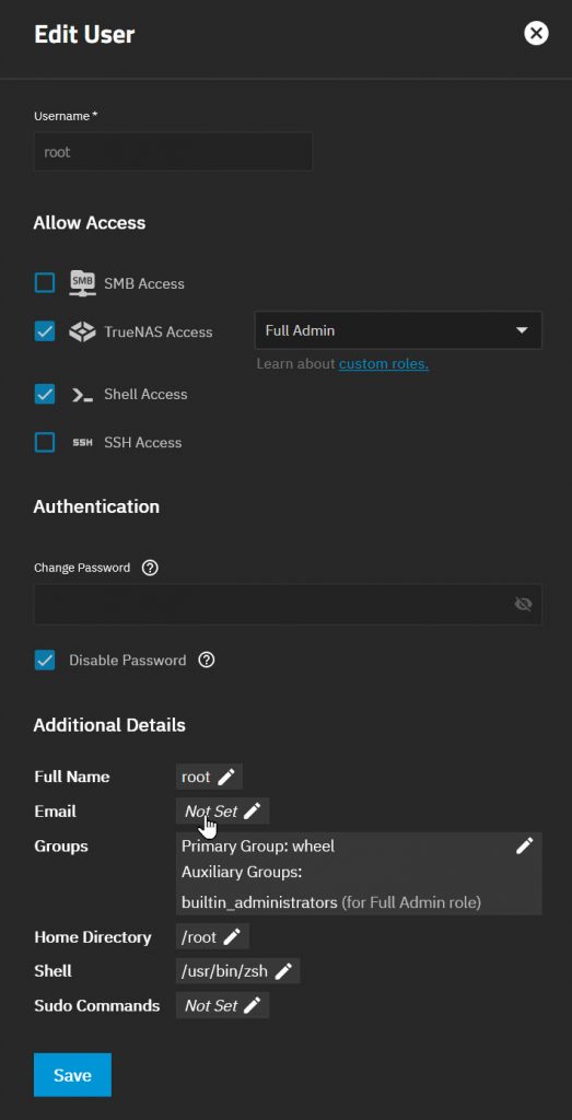 TrueNAS SCALE Edit User form for root showing the Email field displaying Not Set, with the cursor positioned to click it