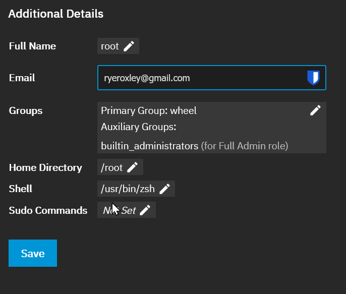 TrueNAS SCALE Edit User Additional Details section with a Gmail address entered in the Email field for the root account