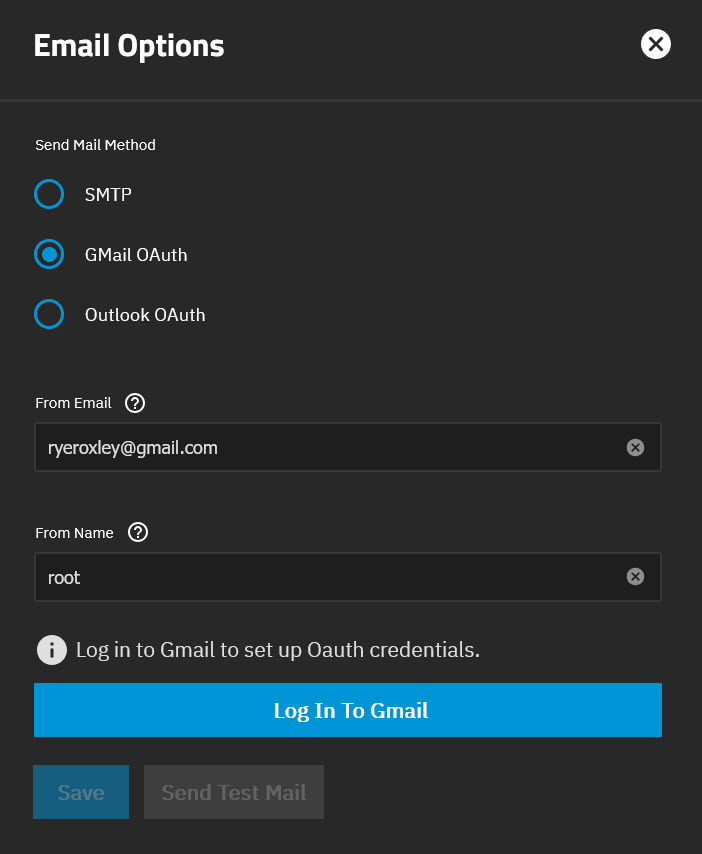 TrueNAS SCALE Email Options dialog with GMail OAuth selected as the send method, showing From Email and From Name fields populated and the Log In To Gmail button