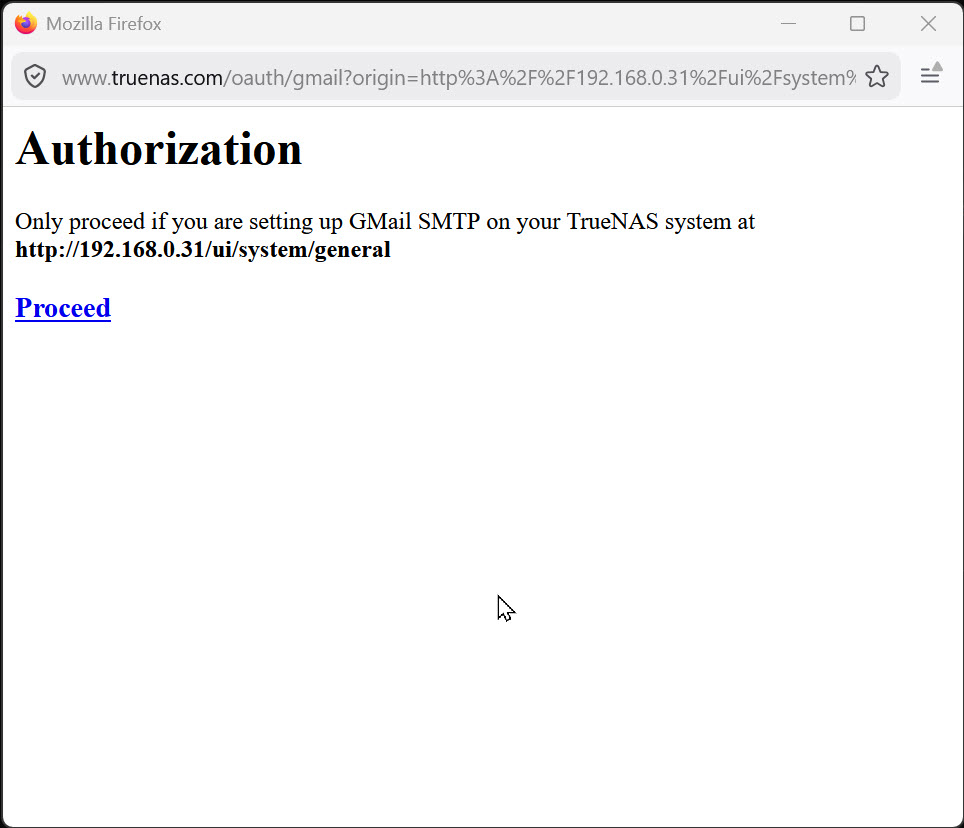 The TrueNAS GMail OAuth authorisation page in a browser window, confirming the system address and showing the Proceed link