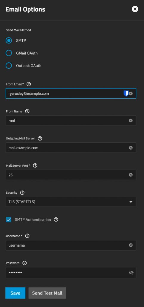 TrueNAS SCALE Email Options dialog with SMTP selected, showing fields for From Email, From Name, Outgoing Mail Server, Mail Server Port, Security, SMTP Authentication, Username, and Password