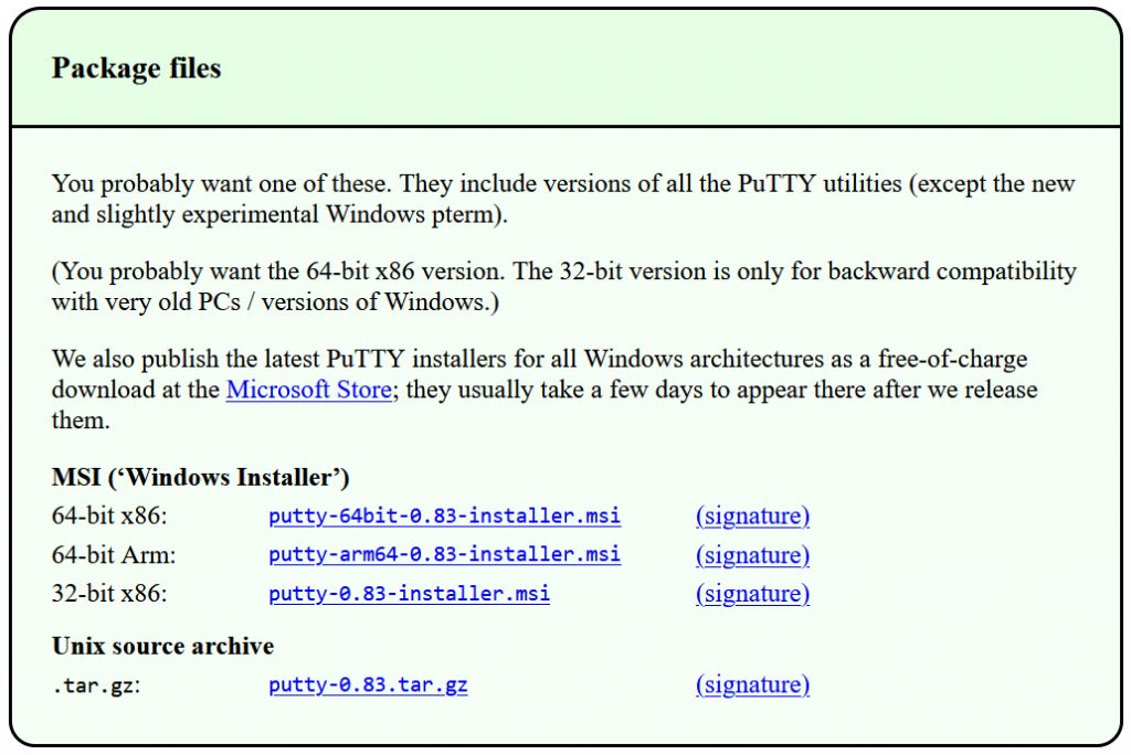 PuTTY download page showing Windows installer packages for 64-bit x86, 64-bit ARM, and 32-bit x86 systems