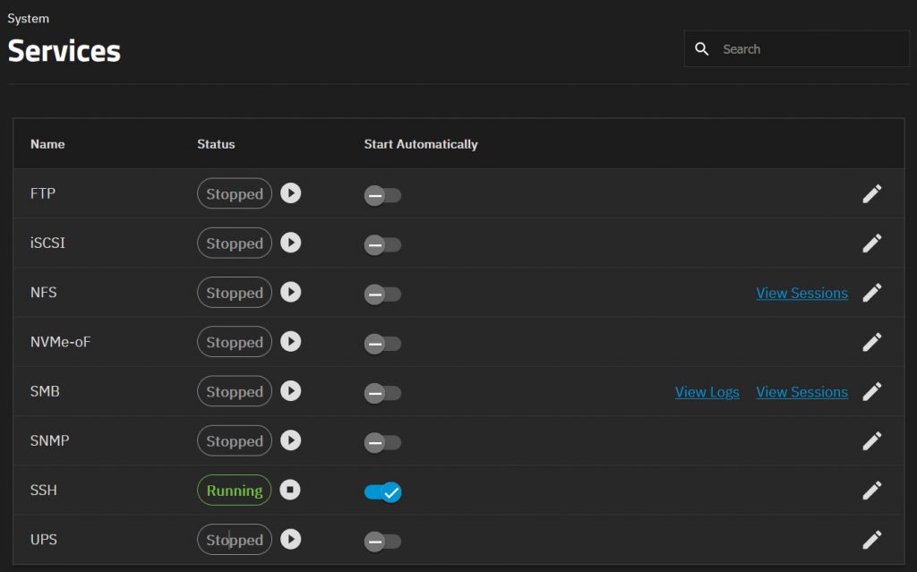 TrueNAS Scale Services panel with SSH Running and Start Automatically toggle enabled