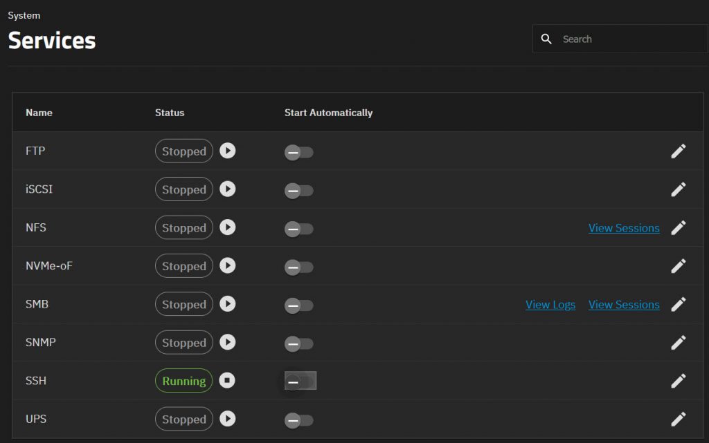 TrueNAS Scale Services panel showing SSH service with Running status