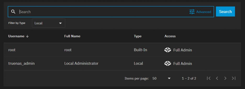 TrueNAS Scale Credentials Users list with truenas_admin user listed