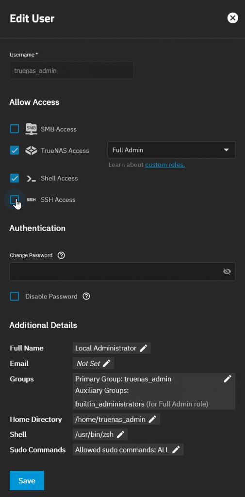 TrueNAS Scale Edit User dialog for truenas_admin with SSH Access checkbox highlighted