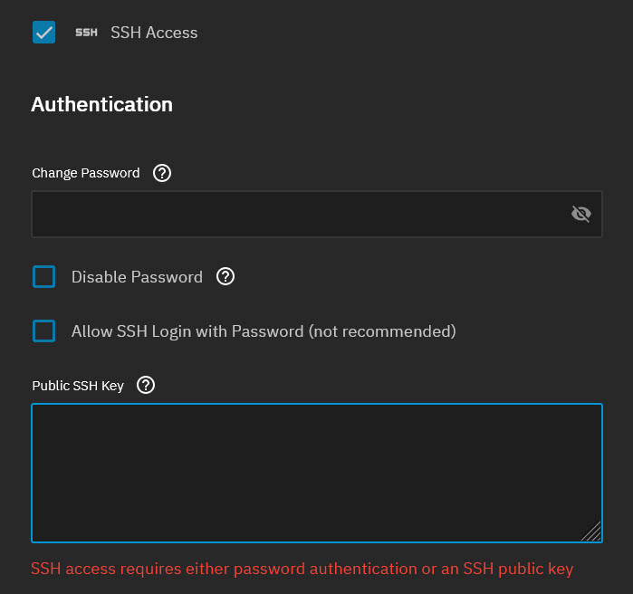TrueNAS Scale Edit User dialog showing SSH Access enabled and Authorized Keys field for public key entry