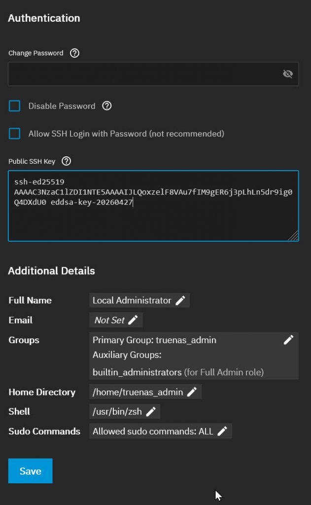 TrueNAS Scale Edit User Authentication section with ed25519 public SSH key pasted into the Public SSH Key field