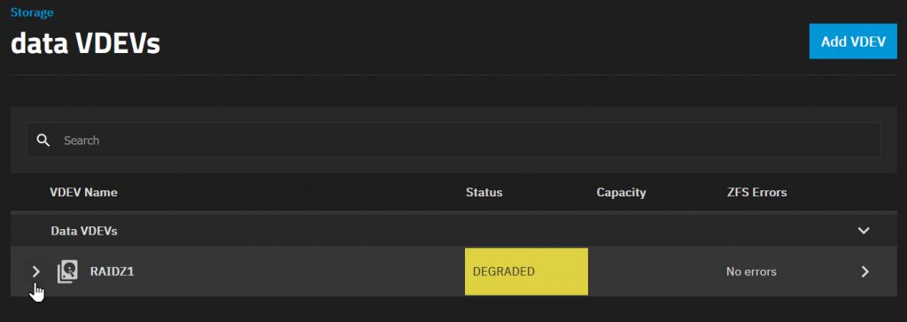 TrueNAS Scale data VDEVs page showing a RAIDZ1 with a Degraded status