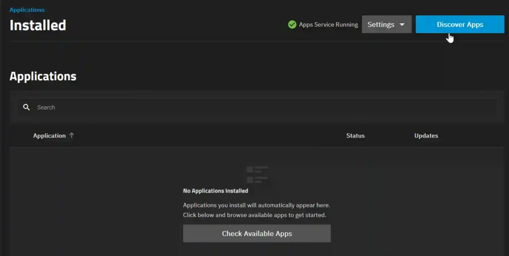 Dark-themed application management interface showing no installed applications with an option to 'Check Available Apps' and a highlighted button for 'Discover Apps'.