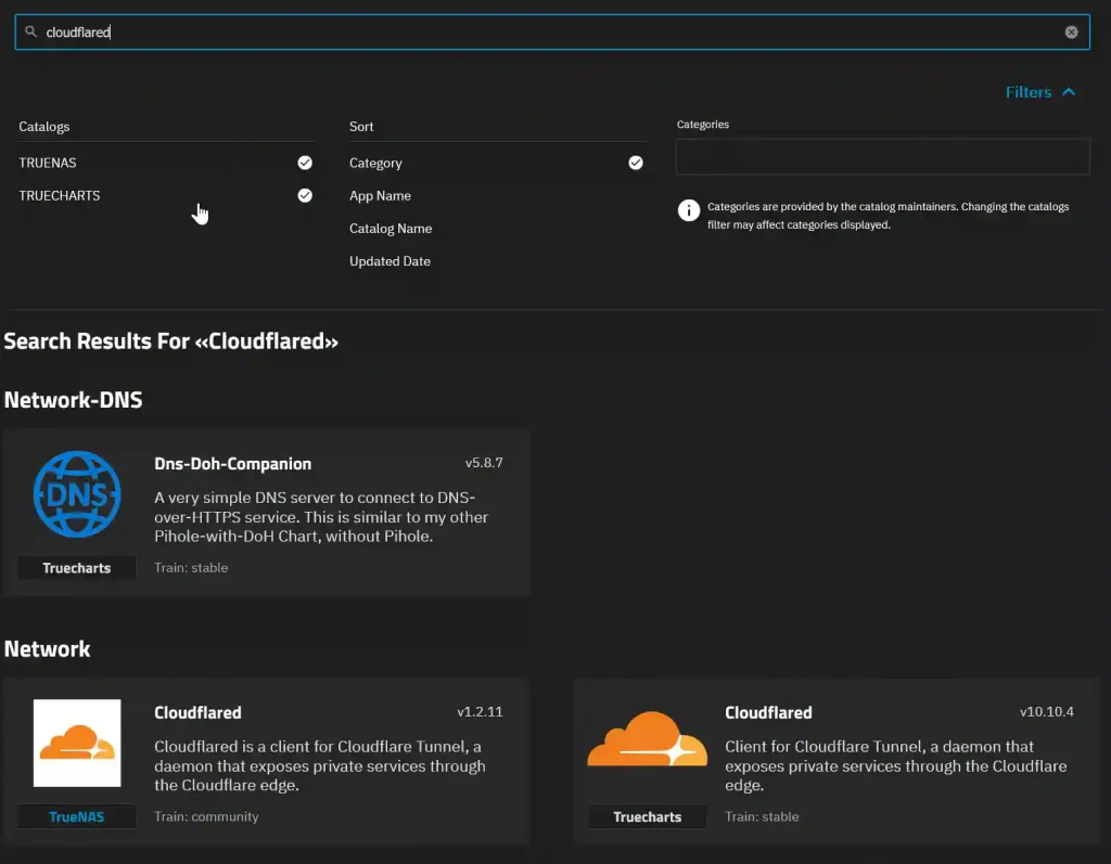 Search results for "cloudflared" on an app catalog interface, showing two versions of 'Cloudflared' and 'Dns-Doh-Companion' applications from Truecharts and TrueNAS catalogs.