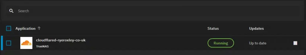 Dark-themed application management interface displaying 'cloudflared-ryeroxley-co-uk' from TrueNAS with a green 'Running' status, indicating successful deployment and current updates.
