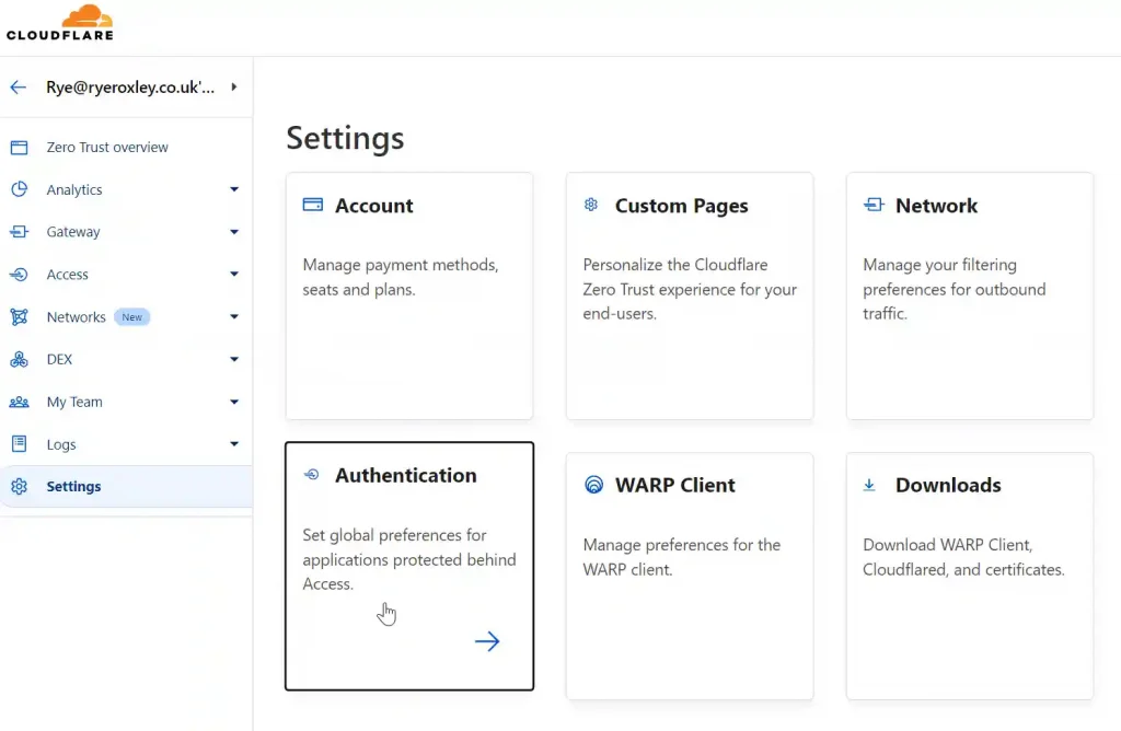 A Cloudflare settings menu with options for Account, Custom Pages, Network, Authentication, WARP Client, and Downloads for management and customization of user experience and security settings.