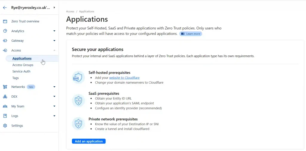 Cloudflare access settings page, detailing the steps to secure applications through prerequisites for self-hosted, SaaS, and private network applications with an option to 'Add an application'.