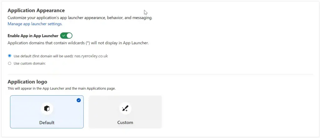 Configuration screen for Cloudflare App Launcher with options to enable the app, set default domain, and choose between default and custom application logos.