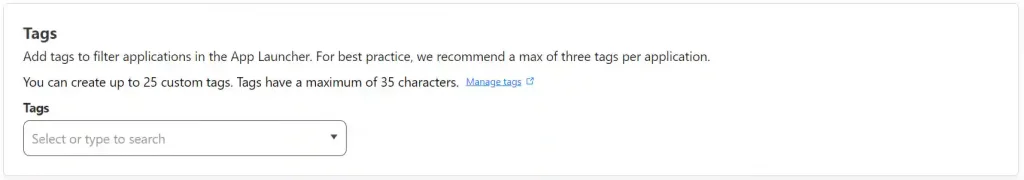 Cloudflare interface for adding tags to applications in the App Launcher, with a recommendation for a maximum of three tags per application and a capacity for 25 custom tags.