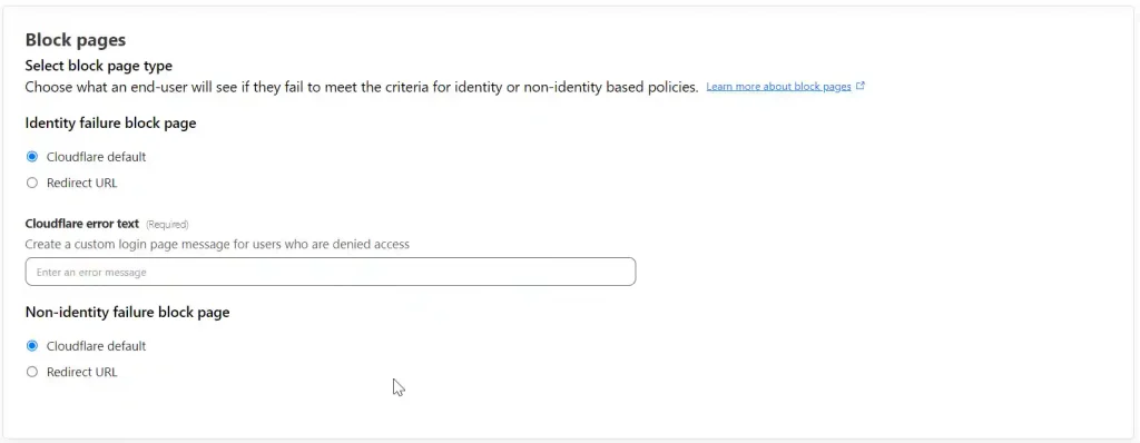 A Cloudflare settings panel for configuring block pages, allowing the selection between a default Cloudflare block page or a redirect URL, and a field to enter custom error text for denied access.