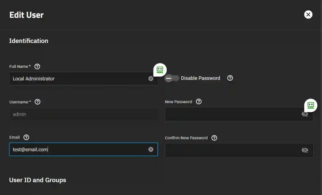 A user interface window titled 'Edit User' showing fields for full name, username, email, and new password entry, with the 'Disable Password' toggle currently switched off.