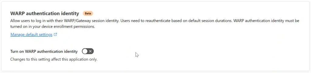 A Cloudflare WARP authentication identity setting in beta, allowing users to log in with WARP/Gateway session identity, requiring reauthentication based on default session durations.