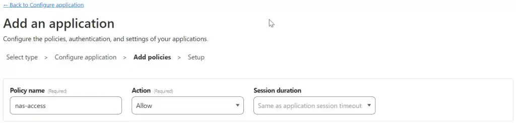 A web interface for adding an application with policy settings that include a 'nas-access' policy name, action set to 'Allow', and session duration matching the application session timeout.