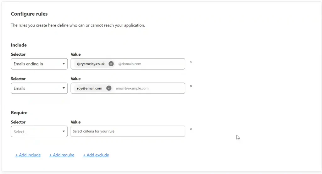 A configuration panel for defining access rules to an application, with include rules set for specific email addresses and domains.