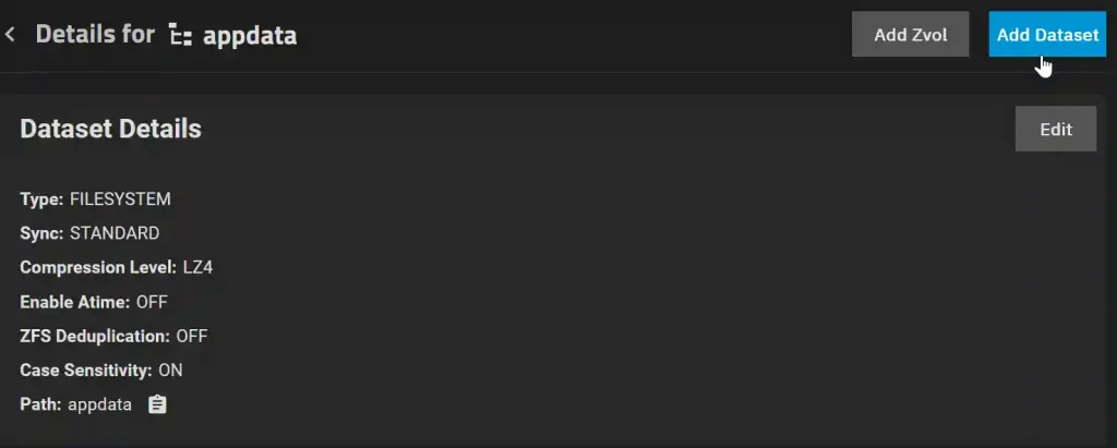 Screenshot of the detailed settings for a file system dataset named 'appdata'.