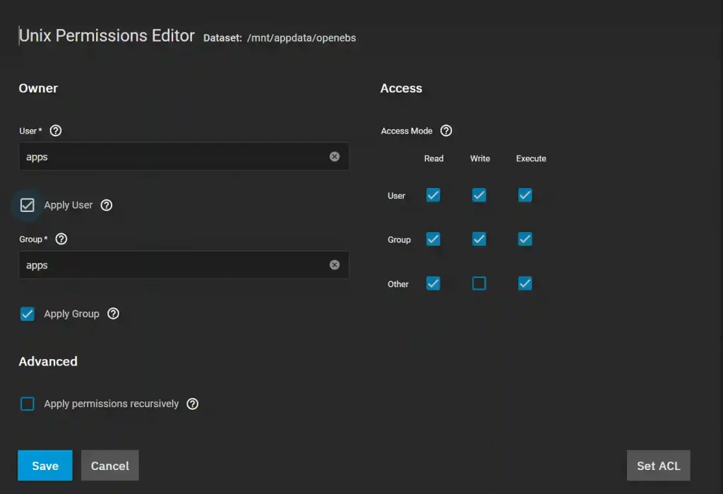 Configuration of Unix permissions for a dataset within a storage system interface.