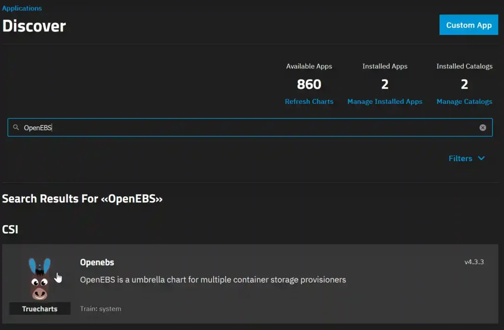 Screenshot of an application discovery interface with search results for "OpenEBS".