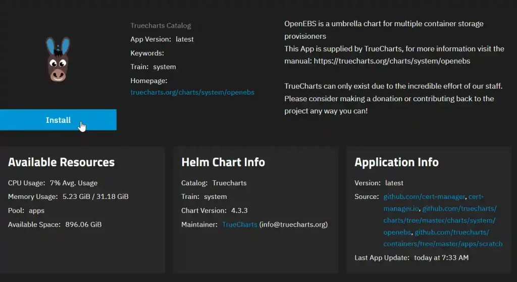 Screenshot of the OpenEBS installation page with resource availability and application details.