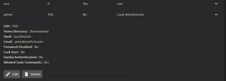 Expanded details for an 'admin' user in a system's credentials interface, displaying user information including the home directory, shell type, email, and sudo permissions.