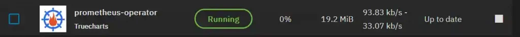 A dashboard snippet showing the 'prometheus-operator' app by TrueCharts as 'Running' with 0% CPU usage, 19.2 MiB memory usage, network activity at 93.83 kb/s download and 33.07 kb/s upload, labeled 'Up to date'.