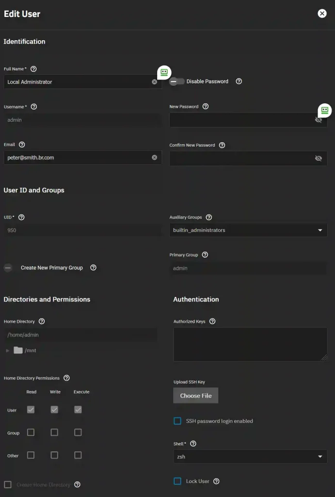 User interface for editing a local administrator account, showing fields for name, email, password, groups, directory permissions, and authentication settings including SSH key upload